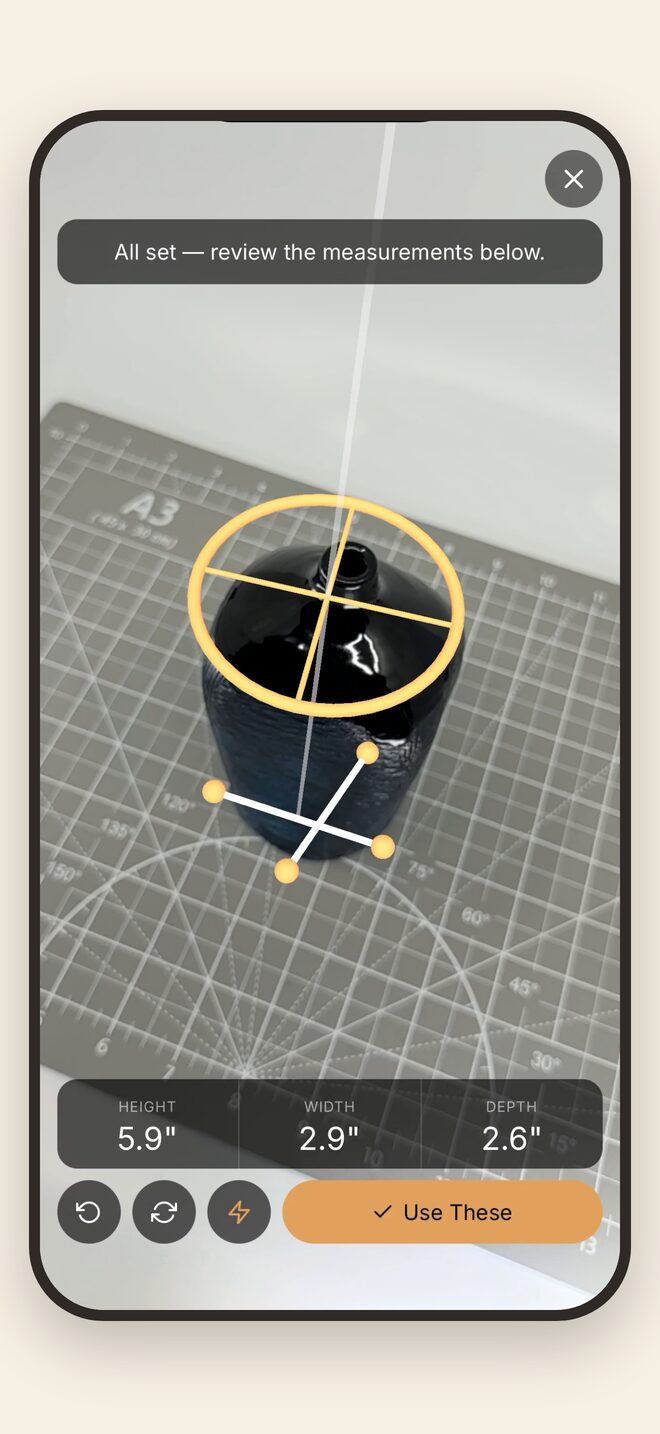 Measuring a vase, a ring seated on its rim and three dimensions read out