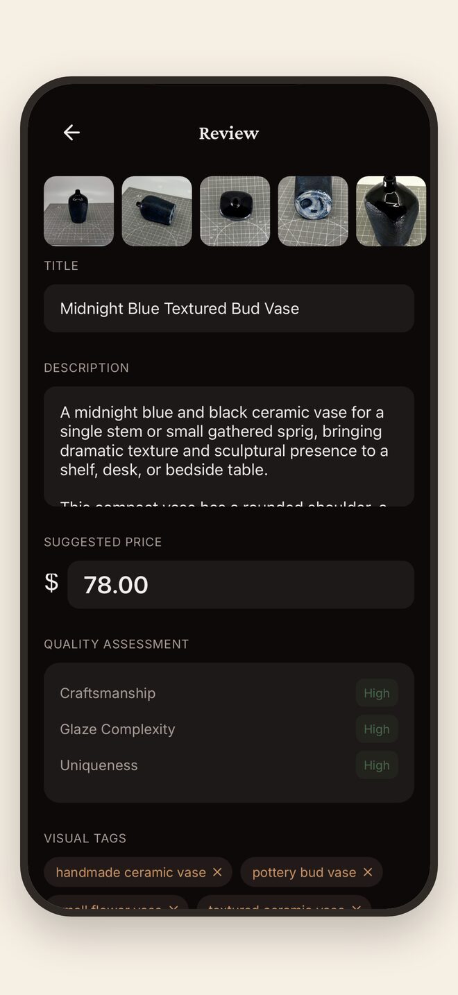 A generated listing — title, description, price and quality ratings