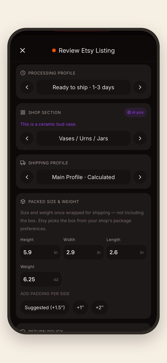 The Etsy listing screen filling in shop section, shipping profile and packed size