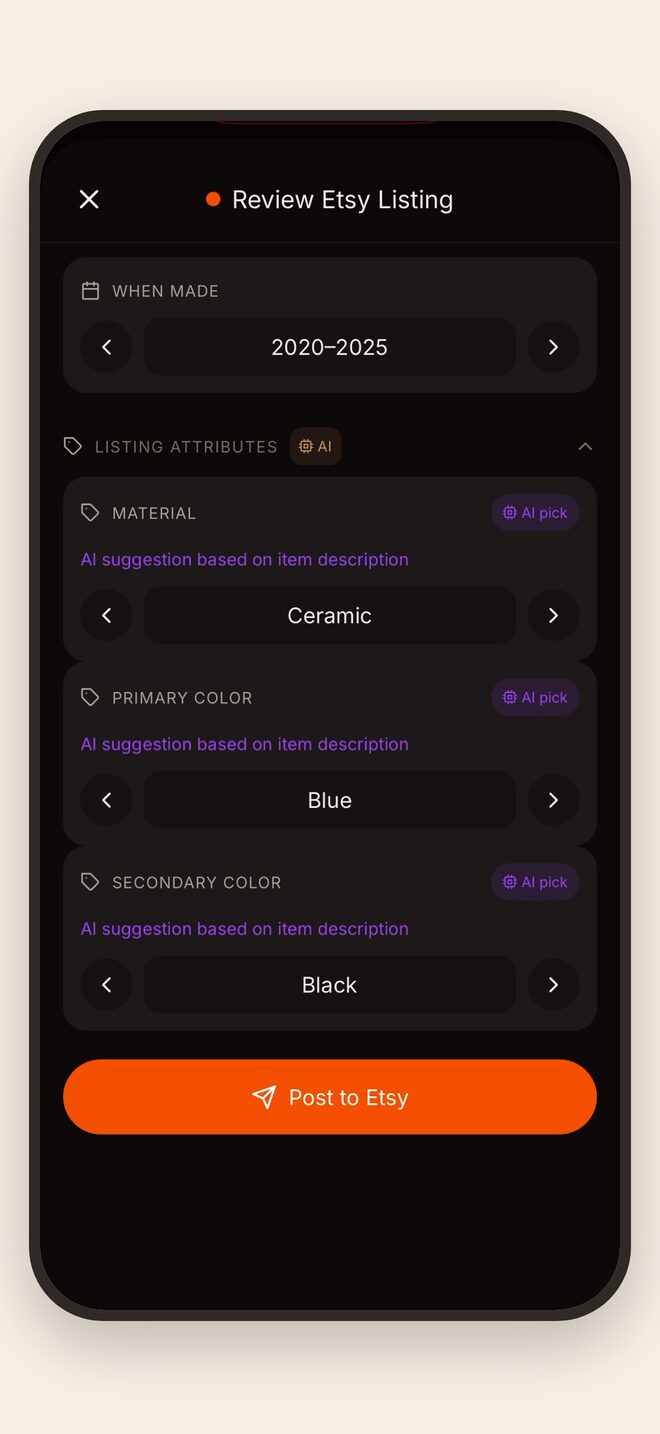 Etsy listing attributes filled in automatically, above a Post to Etsy button