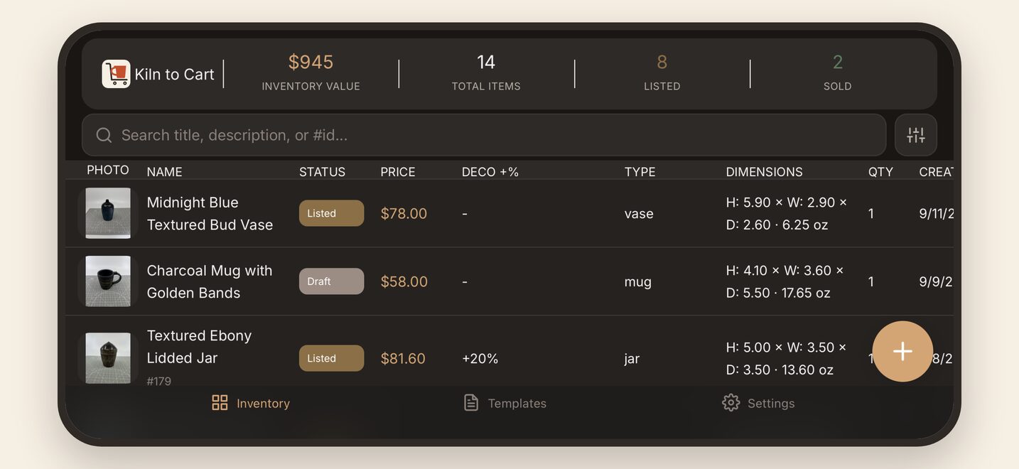 The inventory as a sortable table on a rotated phone